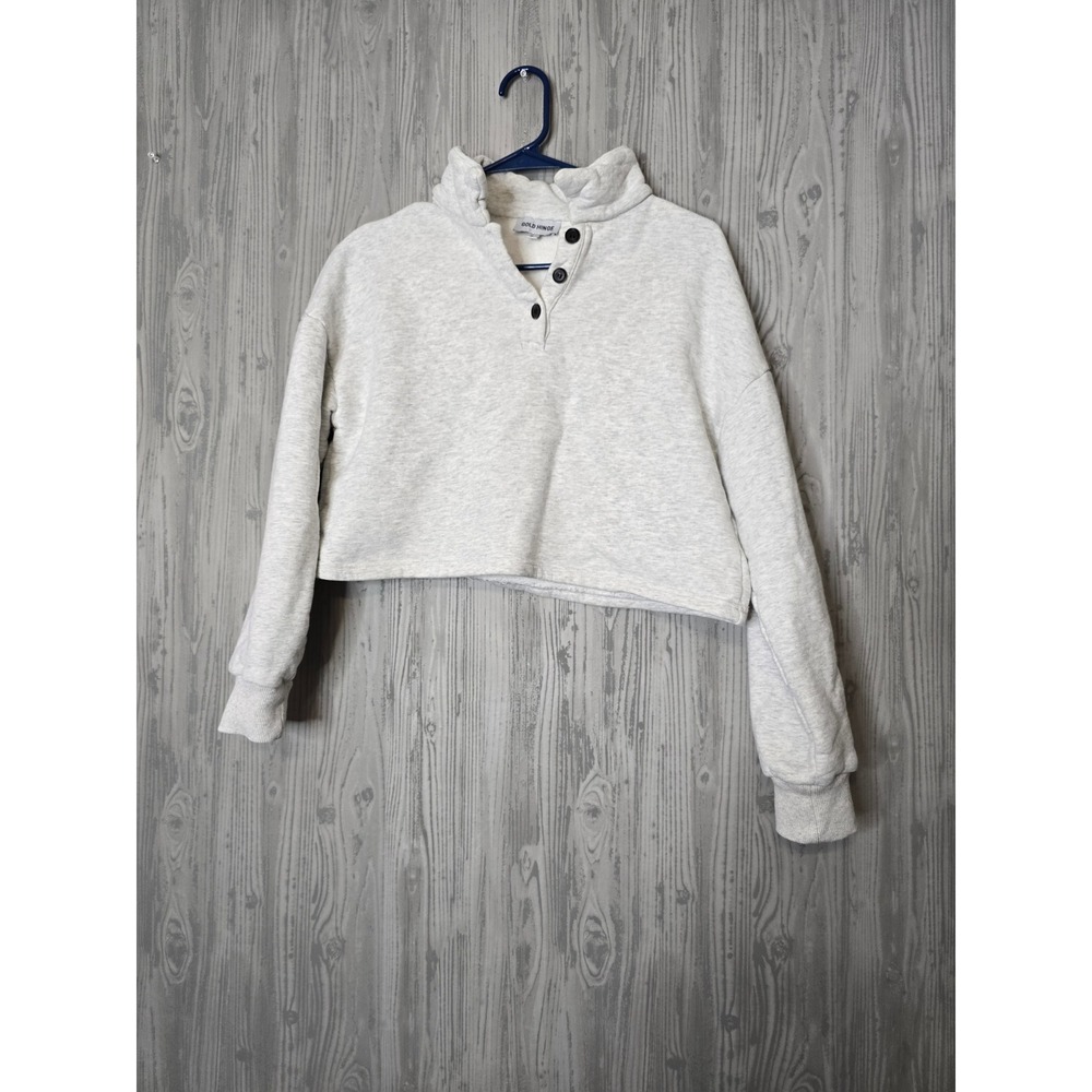 Gold Hinge Cropped Henley Sweatshirt Womens Small Gray Mock Neck Fleece